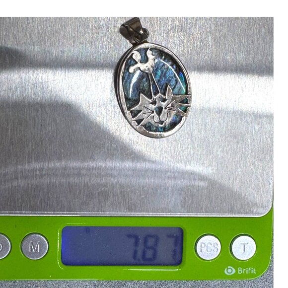 Sterling Silver Smiling Kitty Cat & Bird Pendant Abalone Shell Inlay Reversible - Picture 4 of 4